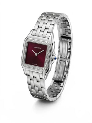 Cartier Panthère de Cartier women's quartz watch, burgundy dial, stone-set bezel, silver stainless steel bracelet – angle view