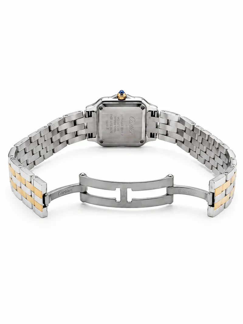 Cartier Panthère de Cartier women's quartz watch, burgundy dial, stone-set bezel, silver stainless steel bracelet – bracelet clasp view
