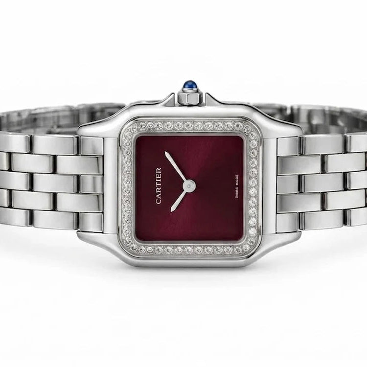 Cartier Panthère de Cartier women's quartz watch, burgundy dial, stone-set bezel, silver stainless steel bracelet – side view