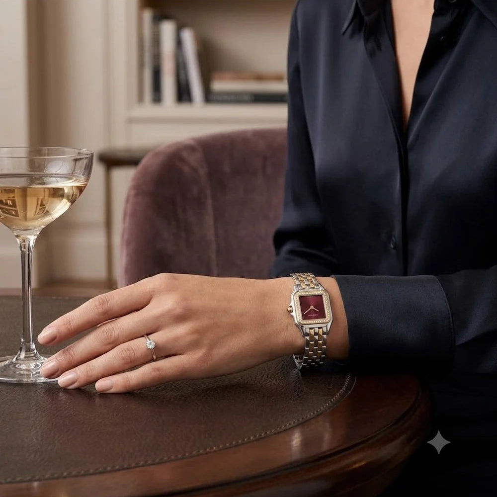 Cartier Panthère de Cartier women's quartz watch, burgundy dial, stone-set bezel, two-tone stainless steel bracelet – lifestyle wrist view
