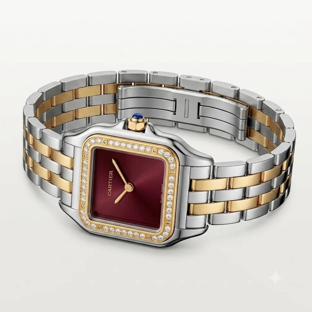 Cartier Panthère de Cartier women's quartz watch, burgundy dial, stone-set bezel, two-tone stainless steel bracelet – side view