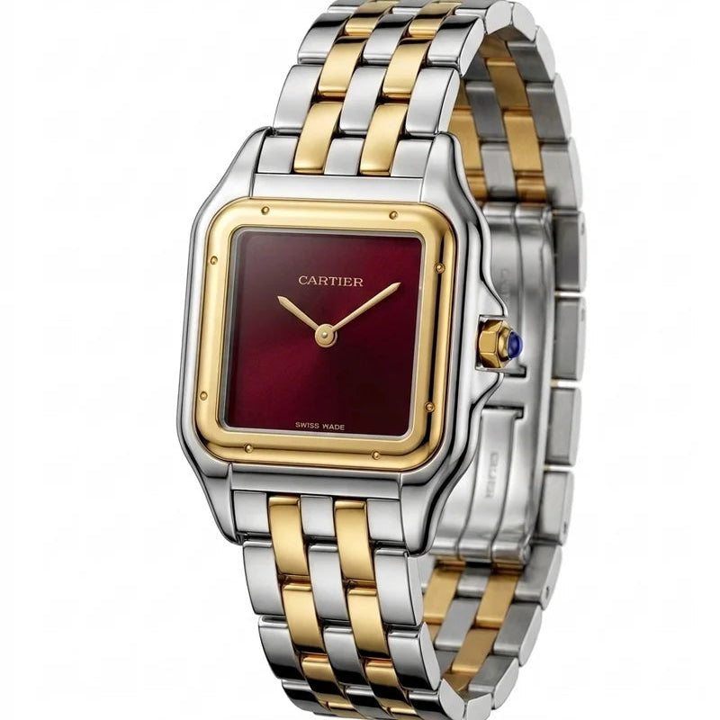 Cartier Panthère de Cartier women's quartz watch, burgundy sunray dial, two-tone stainless steel bracelet – front close-up