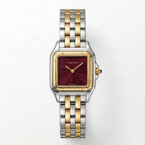 Cartier Panthère de Cartier women's quartz watch, burgundy sunray dial, two-tone stainless steel bracelet – front view
