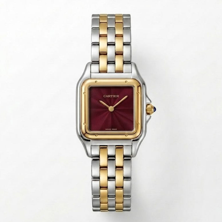 Cartier Panthère de Cartier women's quartz watch, burgundy sunray dial, two-tone stainless steel bracelet – front view