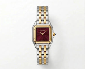 Cartier Panthère de Cartier women's quartz watch, burgundy sunray dial, two-tone stainless steel bracelet – full front view