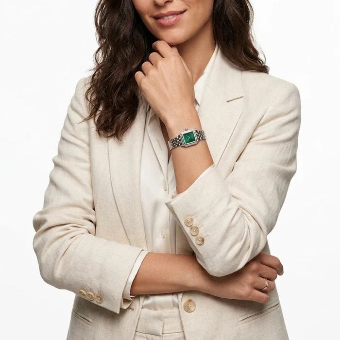 Cartier Panthère de Cartier women's quartz watch, green dial, silver stainless steel bracelet – on-wrist lifestyle view