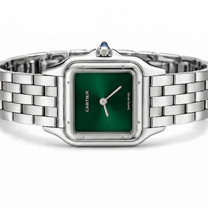 Cartier Panthère de Cartier women's quartz watch, green dial, silver stainless steel bracelet – side view