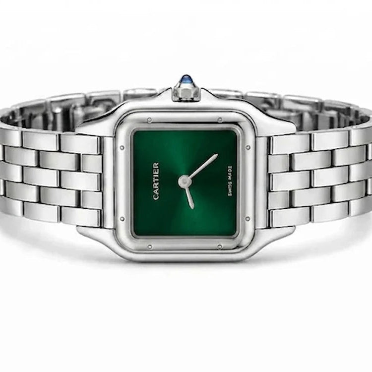 Cartier Panthère de Cartier women's quartz watch, green dial, silver stainless steel bracelet – side view