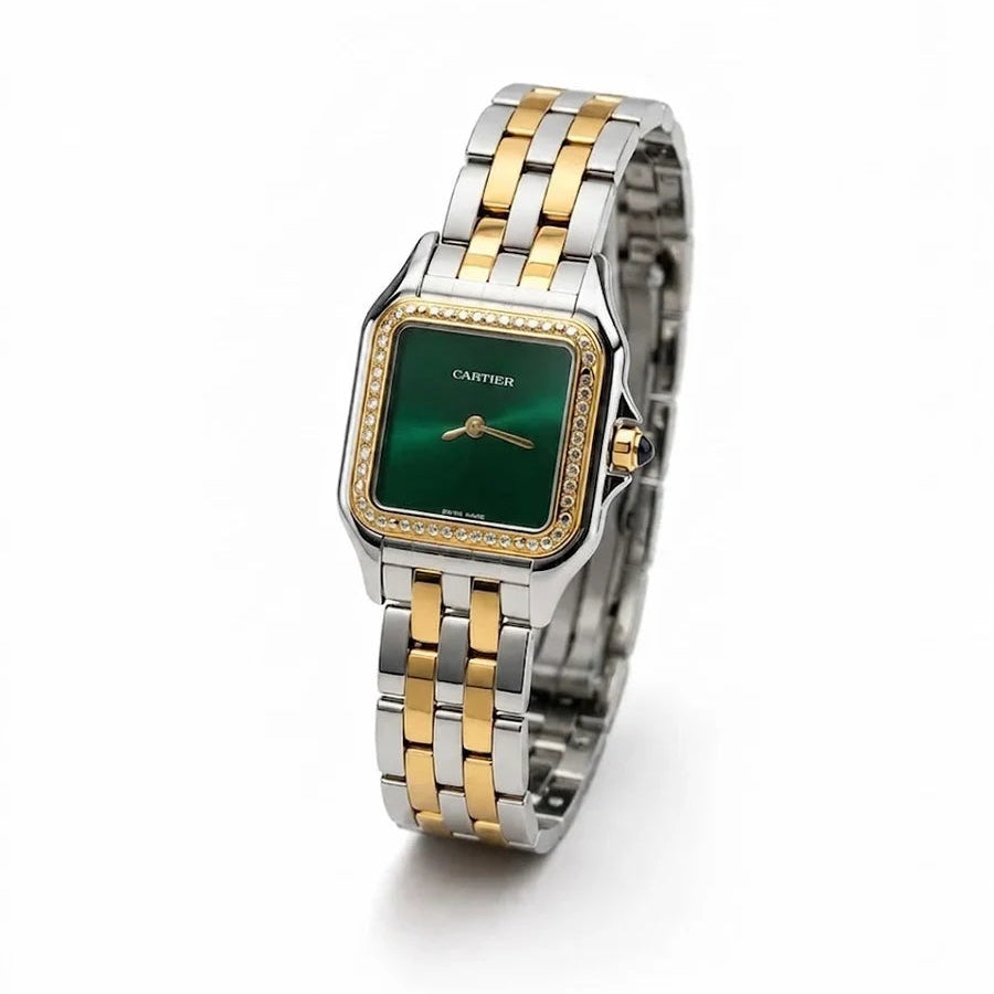 Cartier Panthère de Cartier women's quartz watch, green dial, stone-set bezel, two-tone stainless steel bracelet – angle view