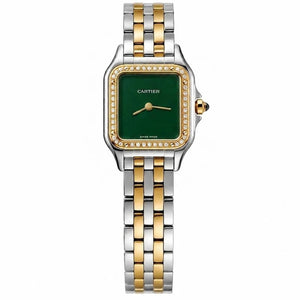 Cartier Panthère de Cartier women's quartz watch, green dial, stone-set bezel, two-tone stainless steel bracelet – full front view