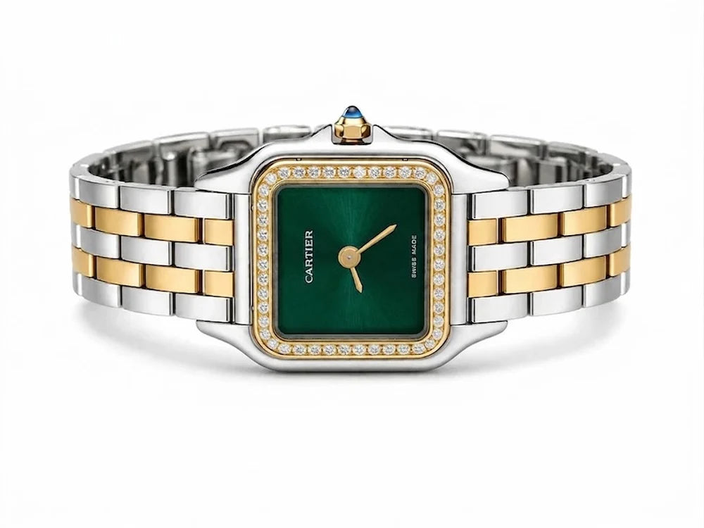 Cartier Panthère de Cartier women's quartz watch, green dial, stone-set bezel, two-tone stainless steel bracelet – side view