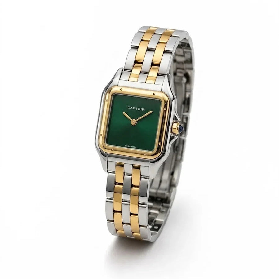 Cartier Panthère de Cartier women's quartz watch, green dial, two-tone stainless steel bracelet – angle view