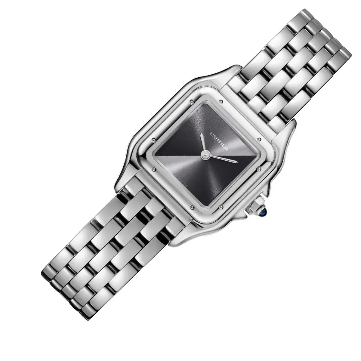 Cartier Panthère de Cartier women's quartz watch, grey dial, silver stainless steel bracelet – angle close-up
