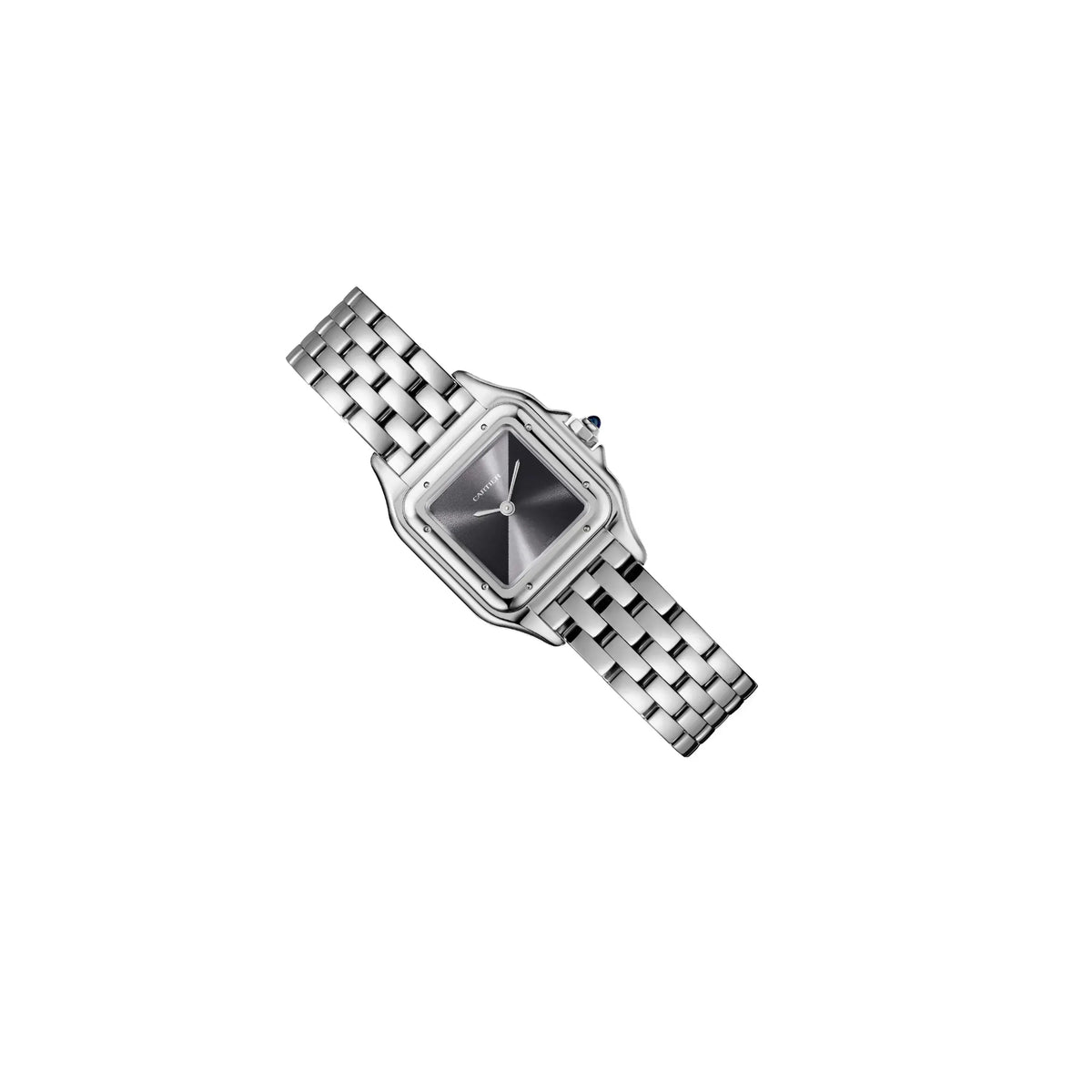 Cartier Panthère de Cartier women's quartz watch, grey dial, silver stainless steel bracelet – flat-lay angle view