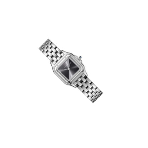 Cartier Panthère de Cartier women's quartz watch, grey dial, silver stainless steel bracelet – flat-lay angle view