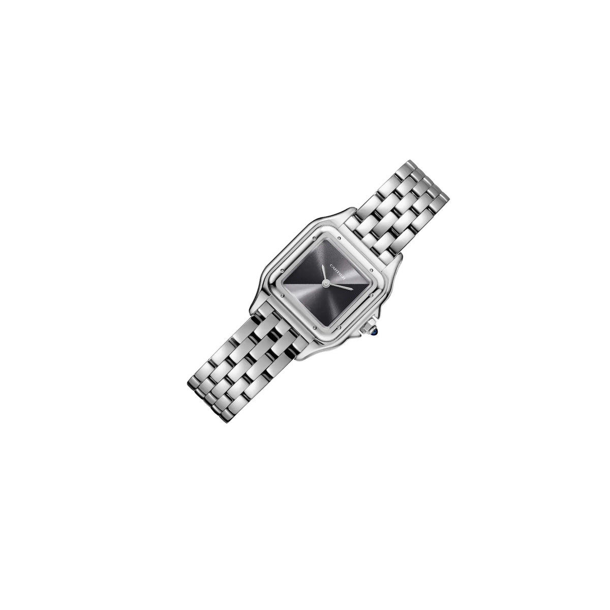 Cartier Panthère de Cartier women's quartz watch, grey dial, silver stainless steel bracelet – flat-lay view