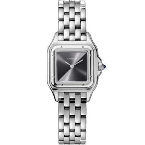 Cartier Panthère de Cartier women's quartz watch, grey dial, silver stainless steel bracelet – front view on white background