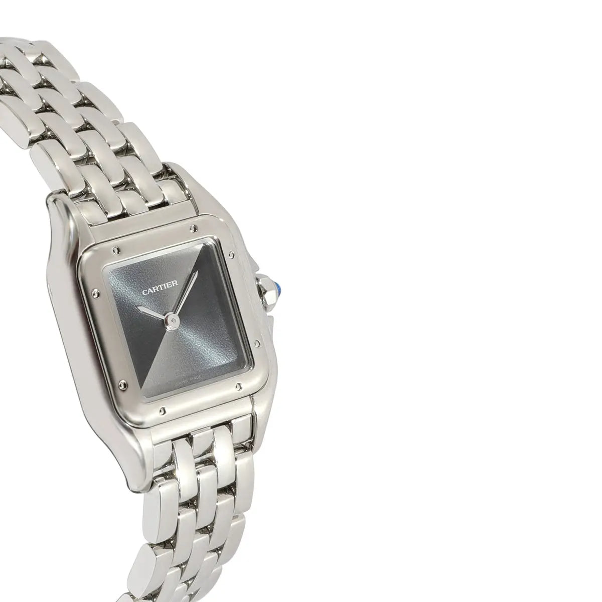 Cartier Panthère de Cartier women's quartz watch, grey dial, silver stainless steel bracelet – side close-up