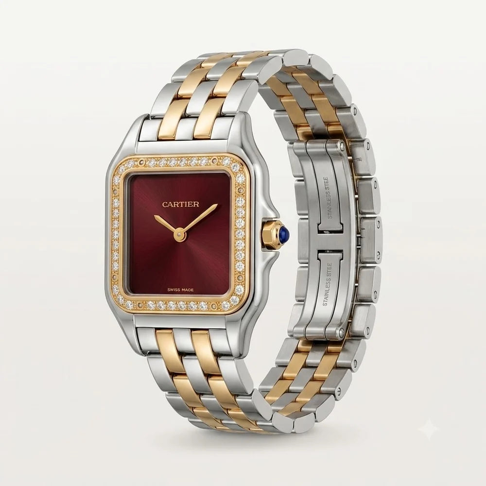 Cartier Panthère de Cartier women's quartz watch, large model case, burgundy dial, stone-set bezel, two-tone stainless steel bracelet – angle view