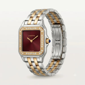 Cartier Panthère de Cartier women's quartz watch, large model case, burgundy dial, stone-set bezel, two-tone stainless steel bracelet – angle view