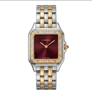 Cartier Panthère de Cartier women's quartz watch, large model case, burgundy dial, stone-set bezel, two-tone stainless steel bracelet – front view