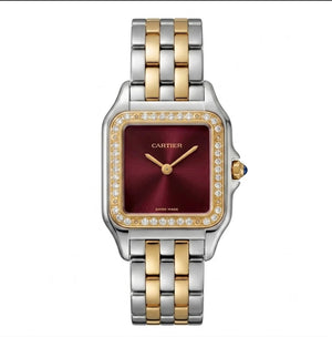 Cartier Panthère de Cartier women's quartz watch, large model case, burgundy dial, stone-set bezel, two-tone stainless steel bracelet – full front view