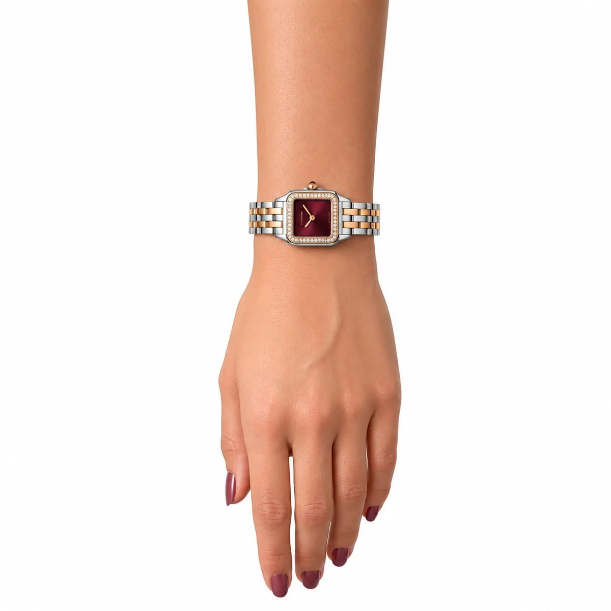 Cartier Panthère de Cartier women's quartz watch, large model case, burgundy dial, stone-set bezel, two-tone stainless steel bracelet – on-wrist view