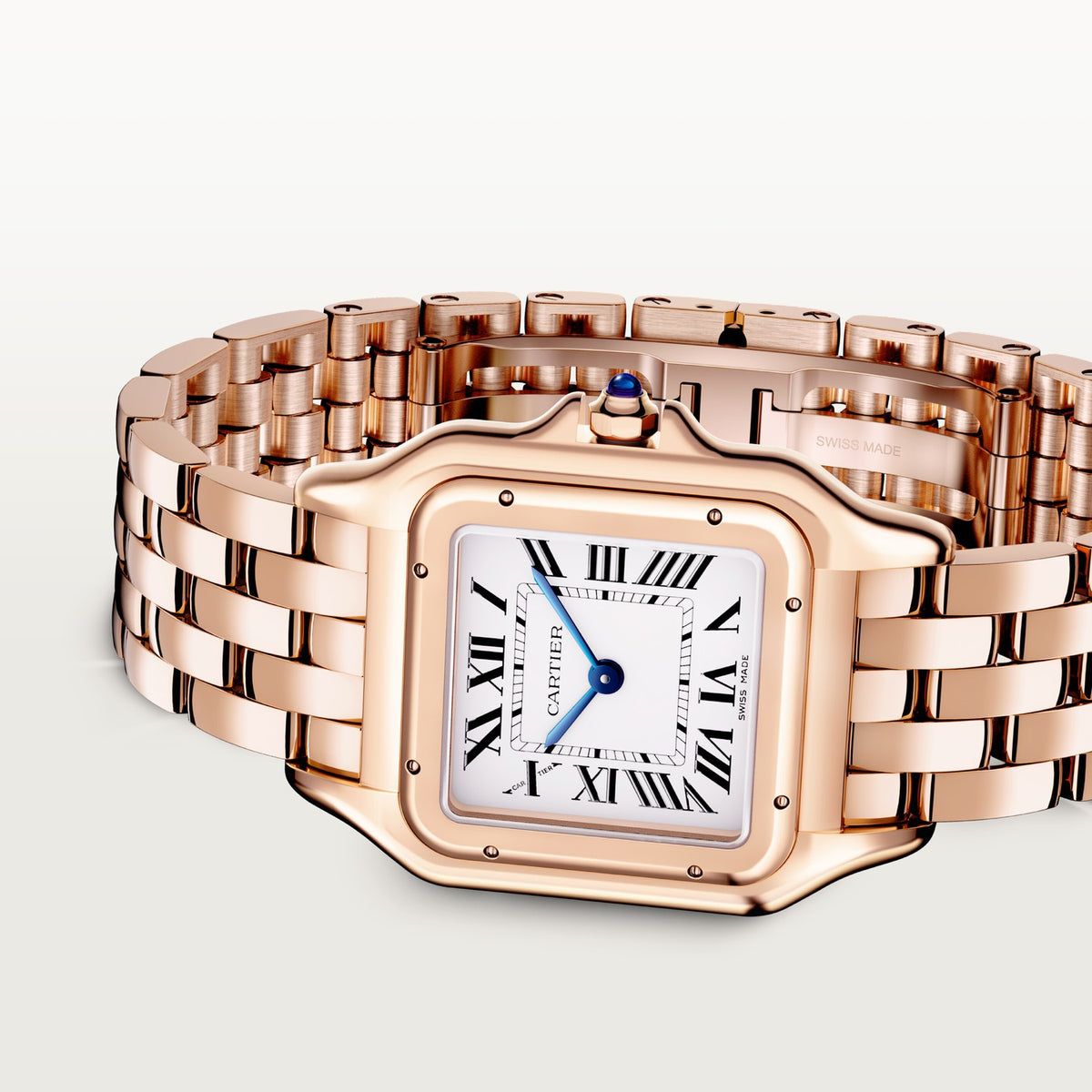 Cartier Panthère de Cartier women's quartz watch, medium model case, silver dial, rose gold-tone bracelet – angle view