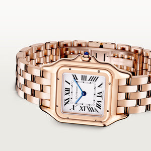 Cartier Panthère de Cartier women's quartz watch, medium model case, silver dial, rose gold-tone bracelet – angle view