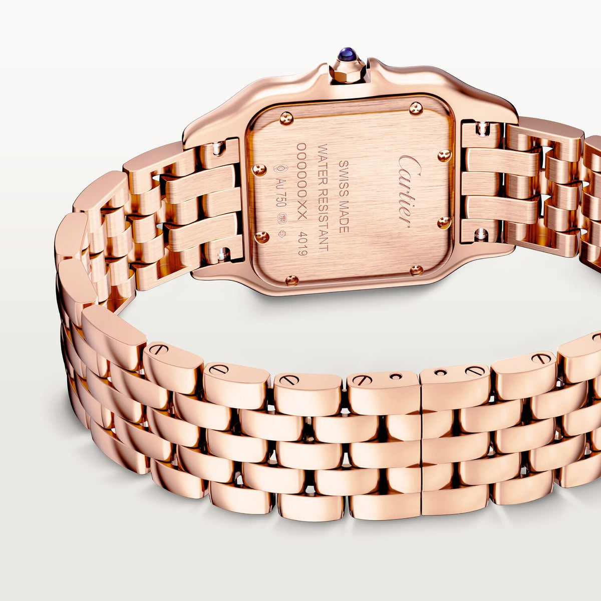 Cartier Panthère de Cartier women's quartz watch, medium model case, silver dial, rose gold-tone bracelet – caseback bracelet view