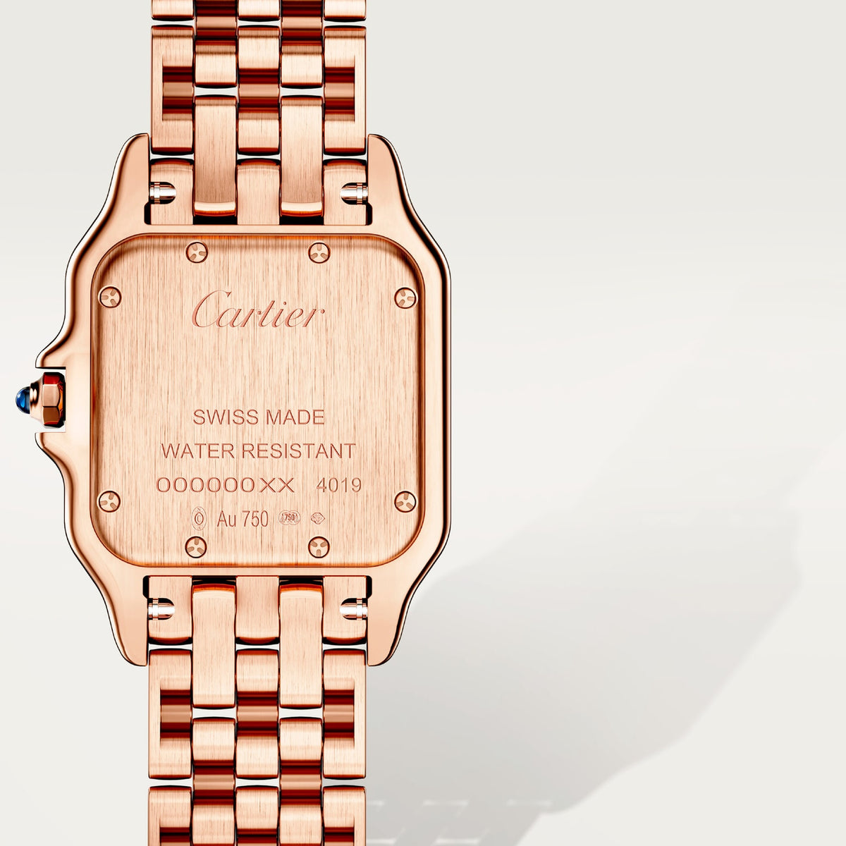 Cartier Panthère de Cartier women's quartz watch, medium model case, silver dial, rose gold-tone bracelet – caseback view