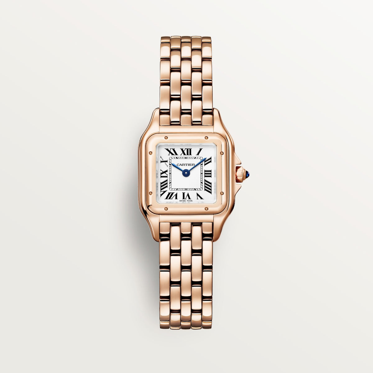 Cartier Panthère de Cartier women's quartz watch, medium model case, silver dial, rose gold-tone bracelet – full front view