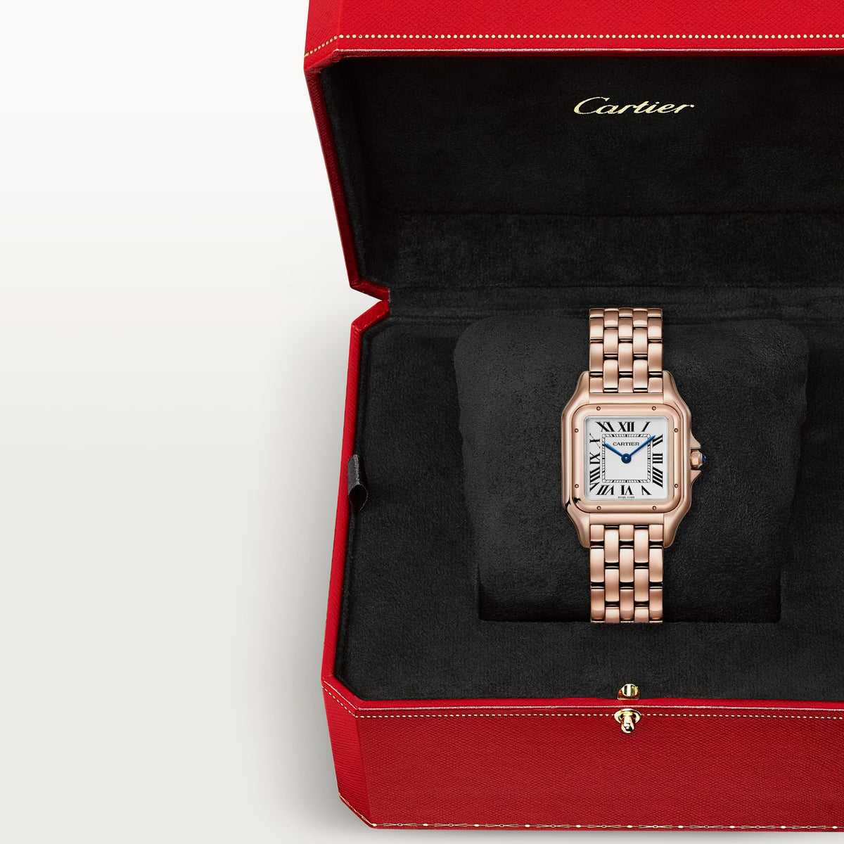 Cartier Panthère de Cartier women's quartz watch, medium model case, silver dial, rose gold-tone bracelet – presentation box view