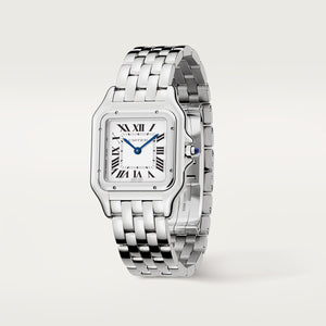 Cartier Panthère de Cartier women's quartz watch, medium model case, silver dial, silver stainless steel bracelet – angle view