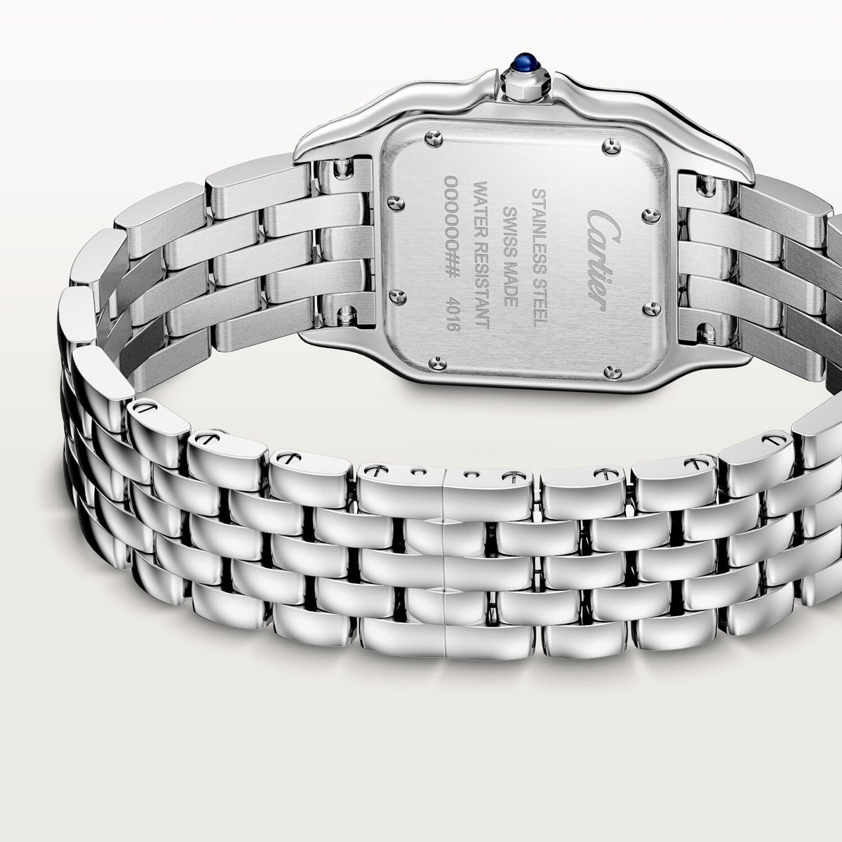 Cartier Panthère de Cartier women's quartz watch, medium model case, silver dial, silver stainless steel bracelet – caseback bracelet view