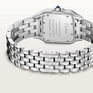 Cartier Panthère de Cartier women's quartz watch, medium model case, silver dial, silver stainless steel bracelet – caseback bracelet view
