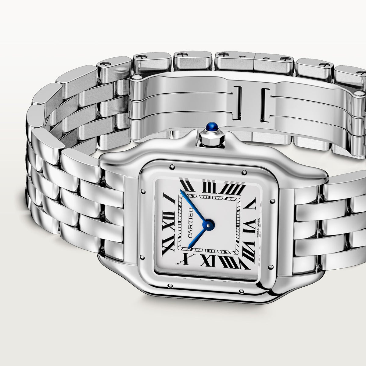 Cartier Panthère de Cartier women's quartz watch, medium model case, silver dial, silver stainless steel bracelet – side angle view