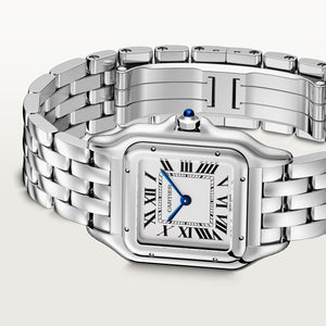 Cartier Panthère de Cartier women's quartz watch, medium model case, silver dial, silver stainless steel bracelet – side angle view