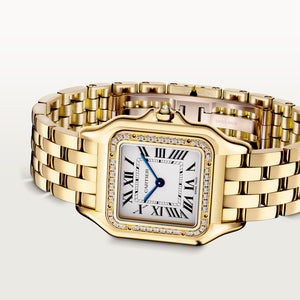 Cartier Panthère de Cartier women's quartz watch, medium model case, silver dial, stone-set bezel, gold-tone bracelet – angle view