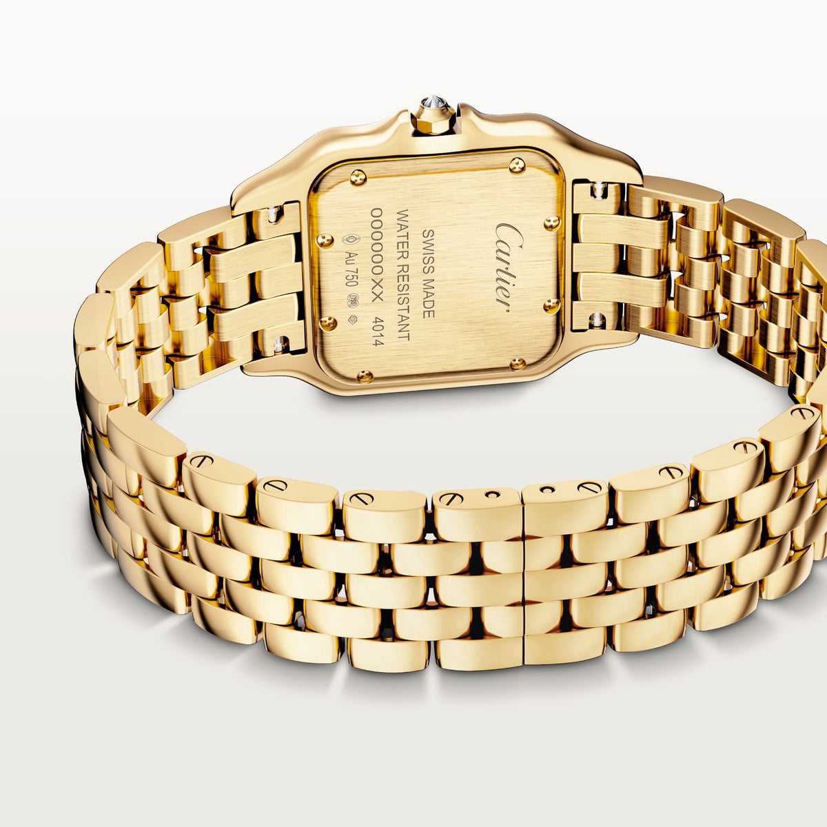 Cartier Panthère de Cartier women's quartz watch, medium model case, silver dial, stone-set bezel, gold-tone bracelet – caseback bracelet view