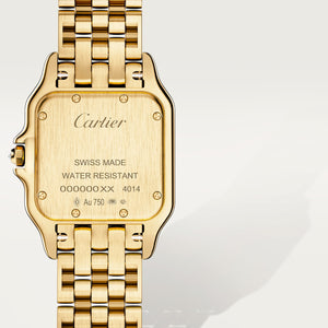 Cartier Panthère de Cartier women's quartz watch, medium model case, silver dial, stone-set bezel, gold-tone bracelet – caseback view