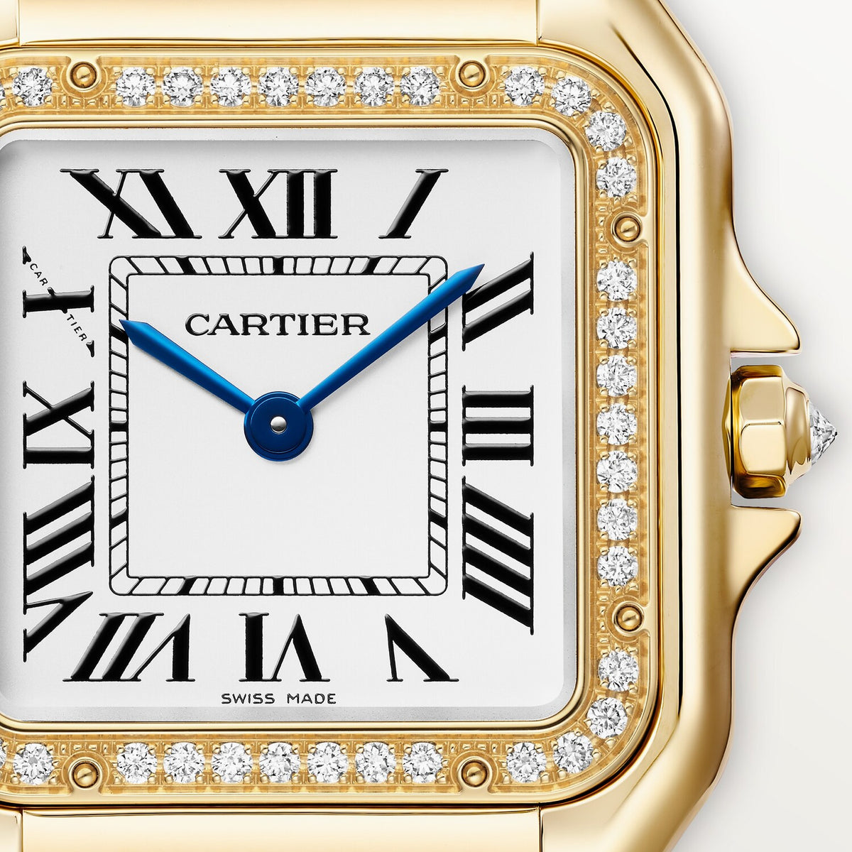 Cartier Panthère de Cartier women's quartz watch, medium model case, silver dial, stone-set bezel, gold-tone bracelet – dial close-up