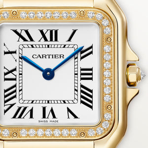 Cartier Panthère de Cartier women's quartz watch, medium model case, silver dial, stone-set bezel, gold-tone bracelet – dial close-up
