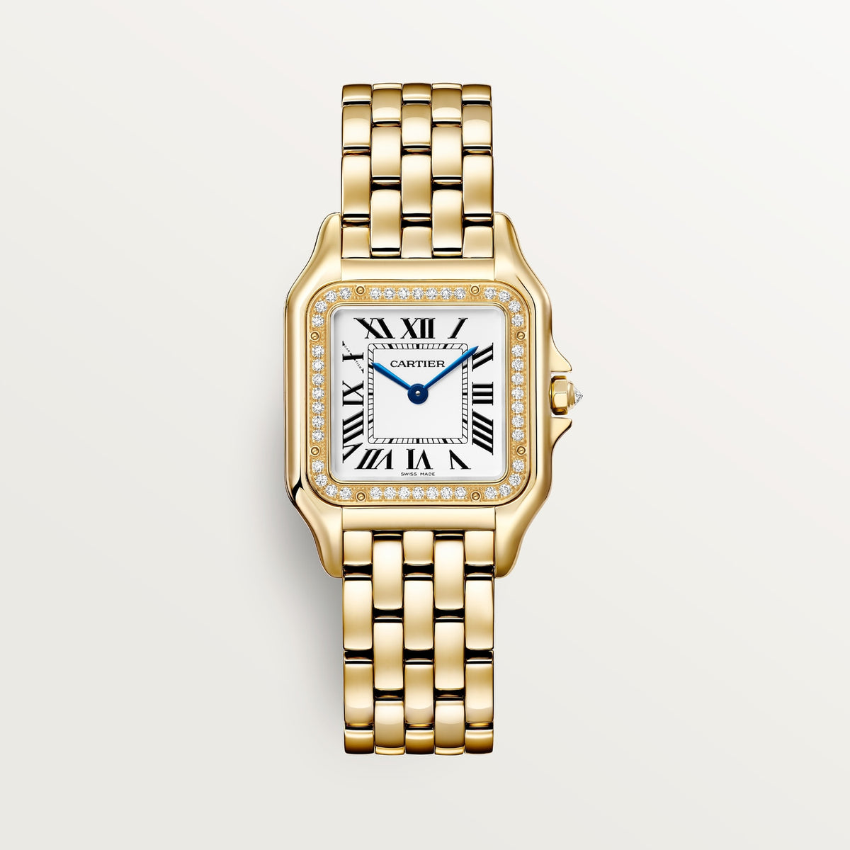 Cartier Panthère de Cartier women's quartz watch, medium model case, silver dial, stone-set bezel, gold-tone bracelet – front view