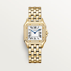 Cartier Panthère de Cartier women's quartz watch, medium model case, silver dial, stone-set bezel, gold-tone bracelet – front view