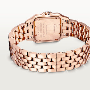 Cartier Panthère de Cartier women's quartz watch, medium model case, silver dial, stone-set bezel, rose gold-tone bracelet – caseback bracelet view