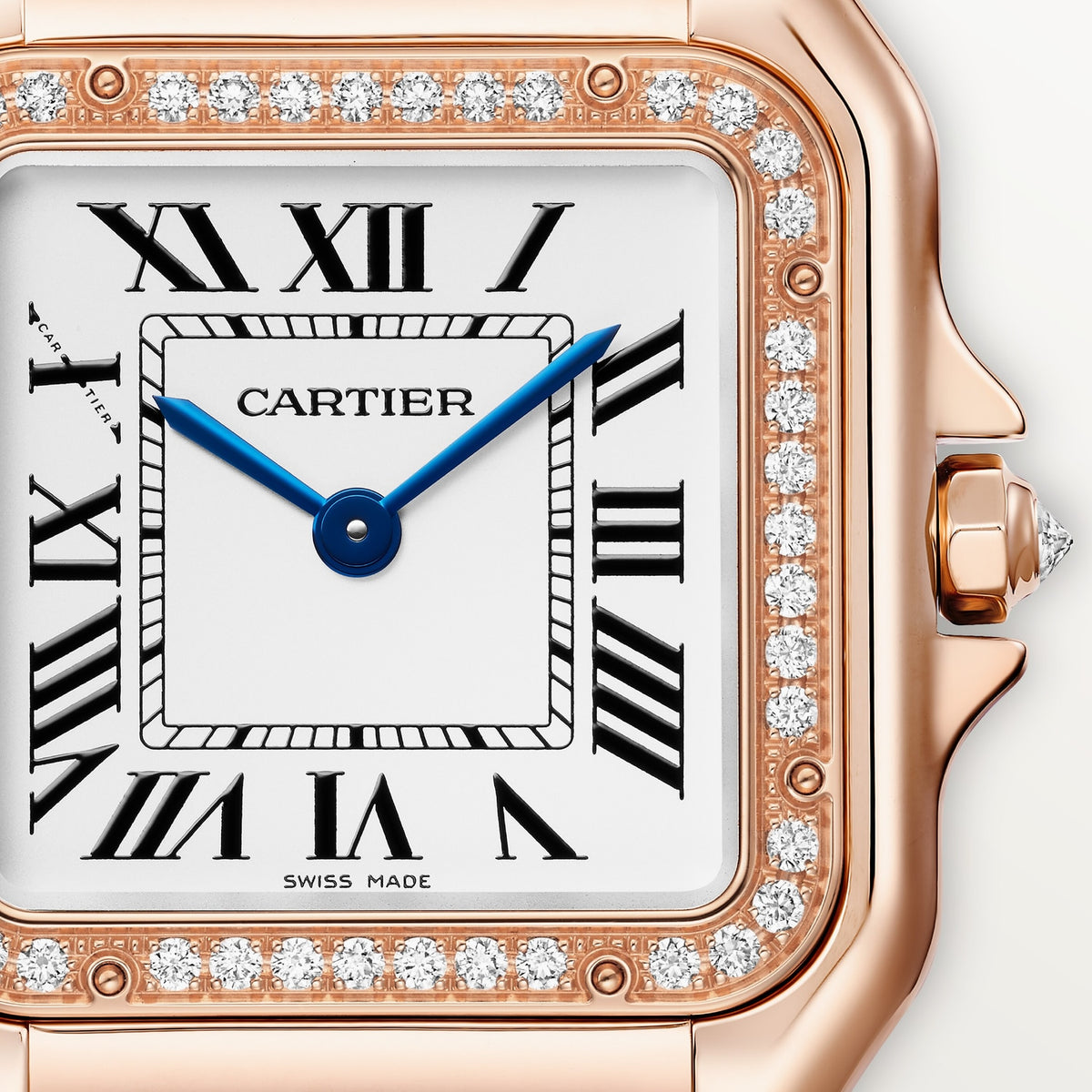 Cartier Panthère de Cartier women's quartz watch, medium model case, silver dial, stone-set bezel, rose gold-tone bracelet – dial close-up