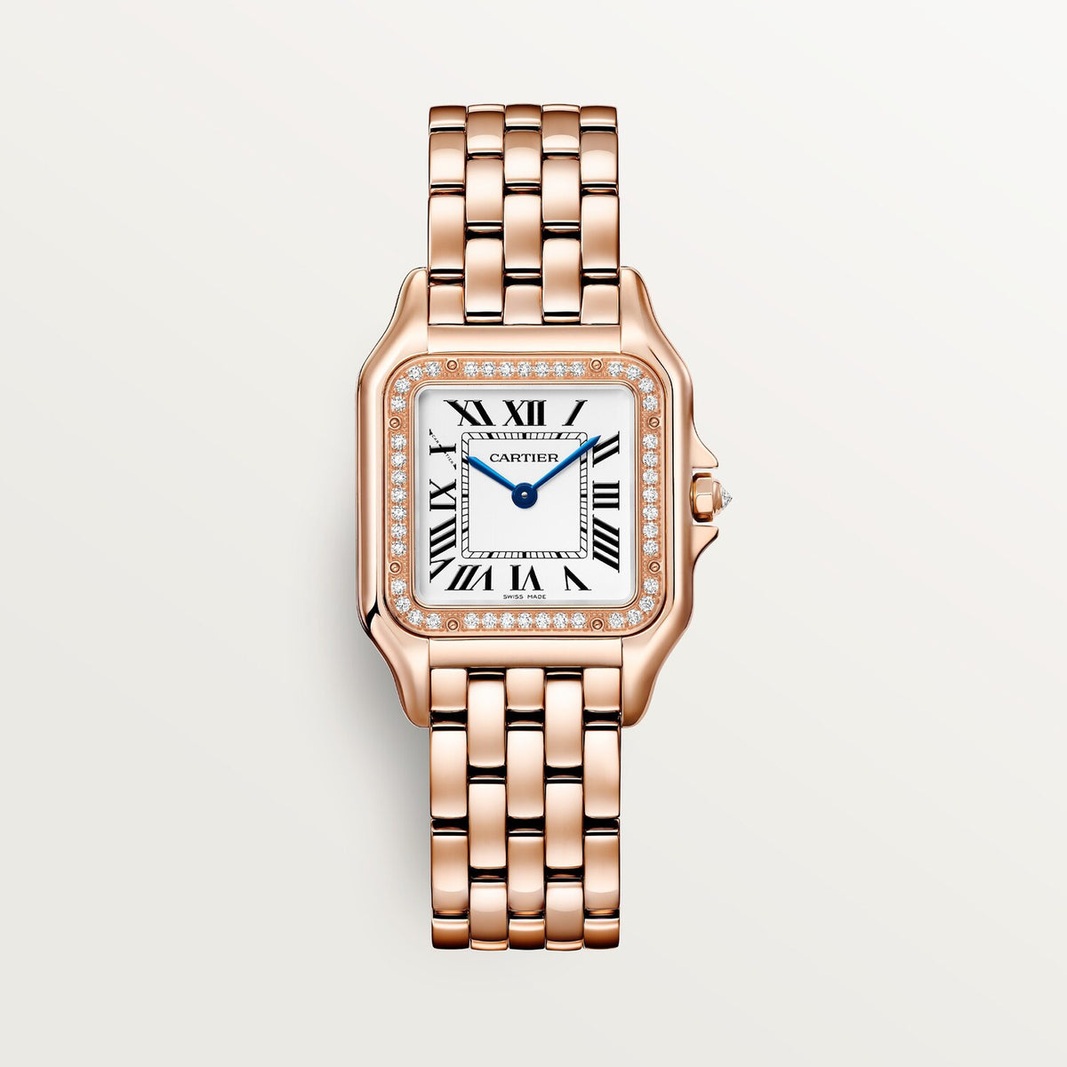Cartier Panthère de Cartier women's quartz watch, medium model case, silver dial, stone-set bezel, rose gold-tone bracelet – front view