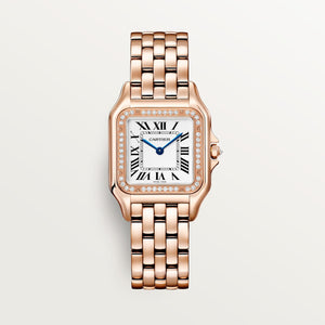 Cartier Panthère de Cartier women's quartz watch, medium model case, silver dial, stone-set bezel, rose gold-tone bracelet – front view