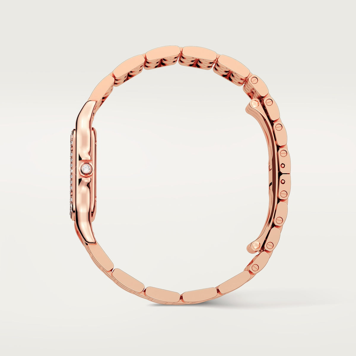 Cartier Panthère de Cartier women's quartz watch, medium model case, silver dial, stone-set bezel, rose gold-tone bracelet – side profile view